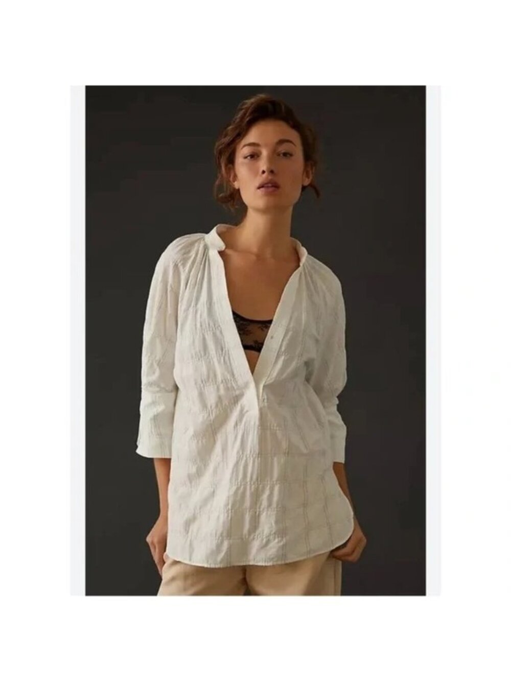 Anthropologie White Textured 3/4 Sleeve Tunic Top 1X Cotton Blend Relaxed Fit